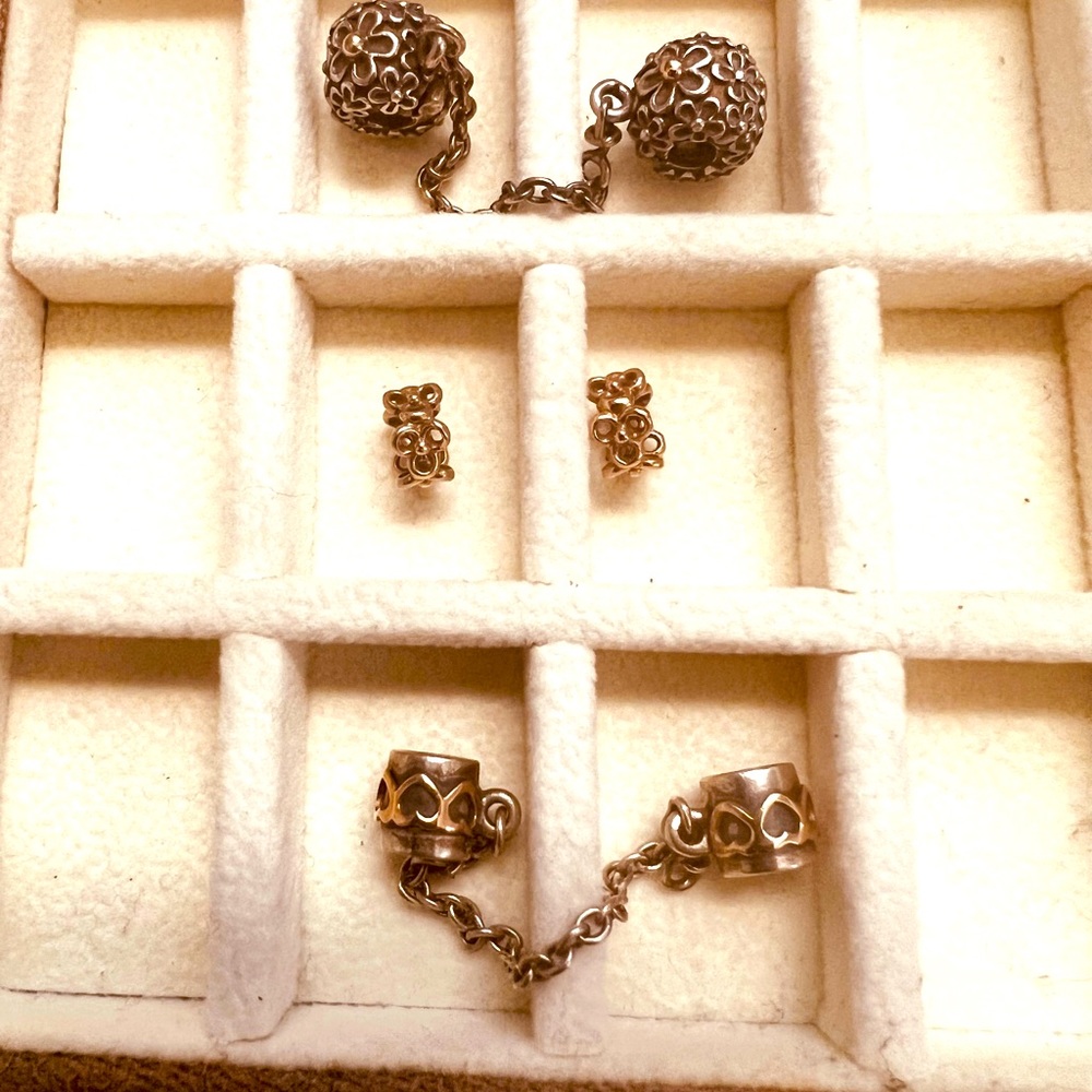Two tone Pandora 14kt YG & silver safety chains & 2 14kt YG spacers.